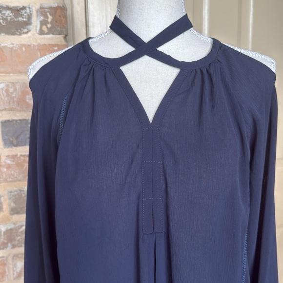 Buckle True Navy Boho Peasant Blouse Cold Shoulder Flowy Lightweight Tie Neck - Picture 10 of 14